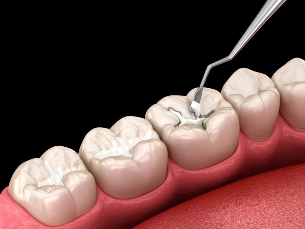 Close-up of deteriorating dental fillings before smile upgrade Yukon OK procedure