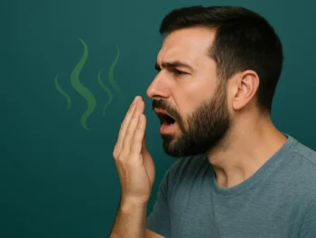 Patient experiencing persistent bad breath, one of the signs you need a dental checkup