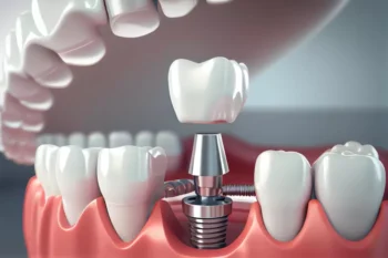 How Dental Implants Restore Smile Confidence in Yukon, OK 2 3D illustration of a dental implant screw in the gums with a white tooth crown hovering above it.